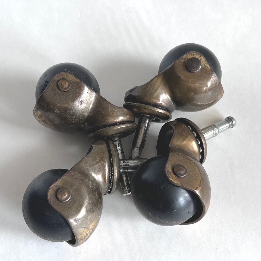 Vintage Hooded Ball Casters Set of 4 Antique Brass Finish Grip Neck Stem 2in